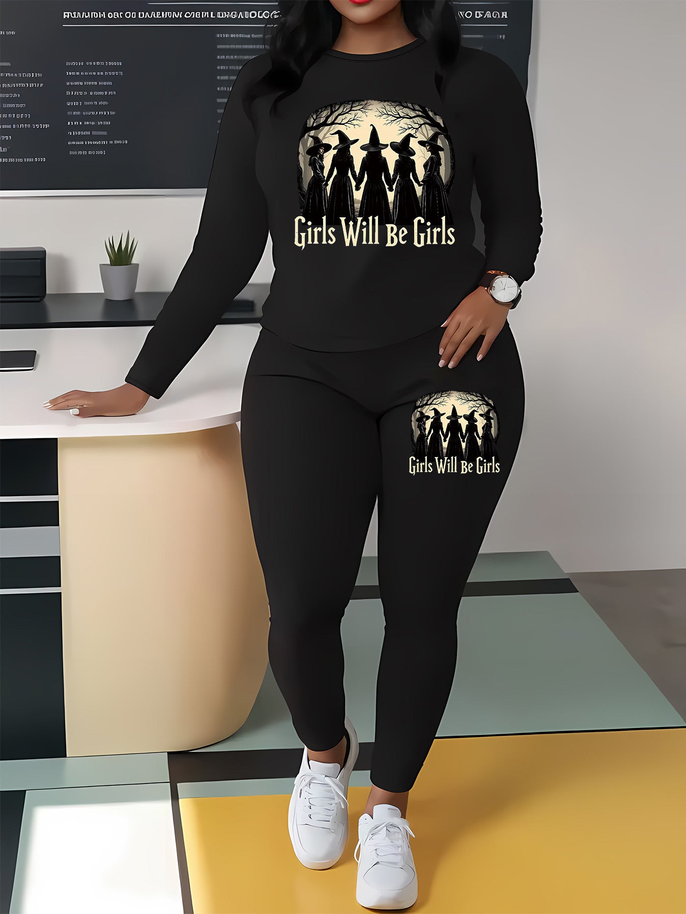 2 PCS Set XL-5XL Plus Size, Curvy Women's Casual Fashion Round Neck Oversized Long Sleeve T-Shirt and Pants Set, Letter Print, Suitable for All Seasons, Women's Summer Outfit, Halloween Costume with "s Will Be s" Witch Silhou