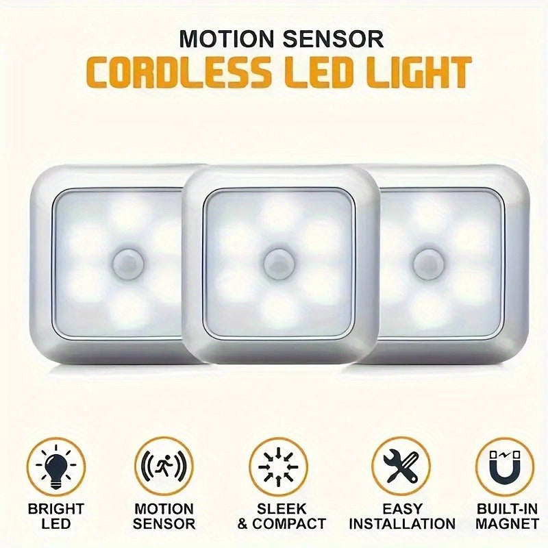 NEW 6-LED Bead Motion Sensor Smart Wireless Night Light. 3m Detection Range, Double-sided Adhesive Installation, No Drilling Required. Suitable for Stairs, Car Compartments, Cabinets, Bedside, Hallways, Kitchens, Etc. Battery