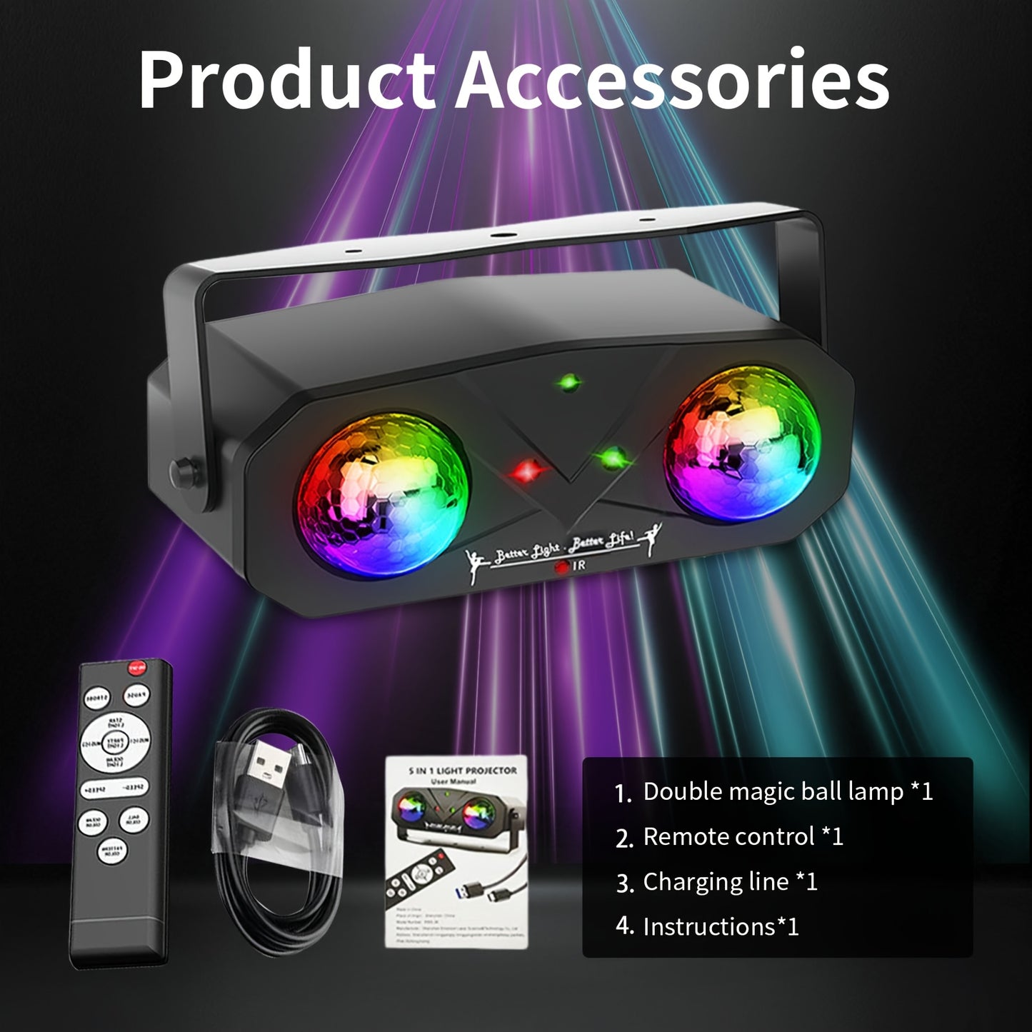 Double Magic Ball Laser stage light, LED + laser, flashing light effect, voice control with remote control, handle design, USB power supply, suitable for gatherings, parties, birthdays, festival essential atmosphere light, La