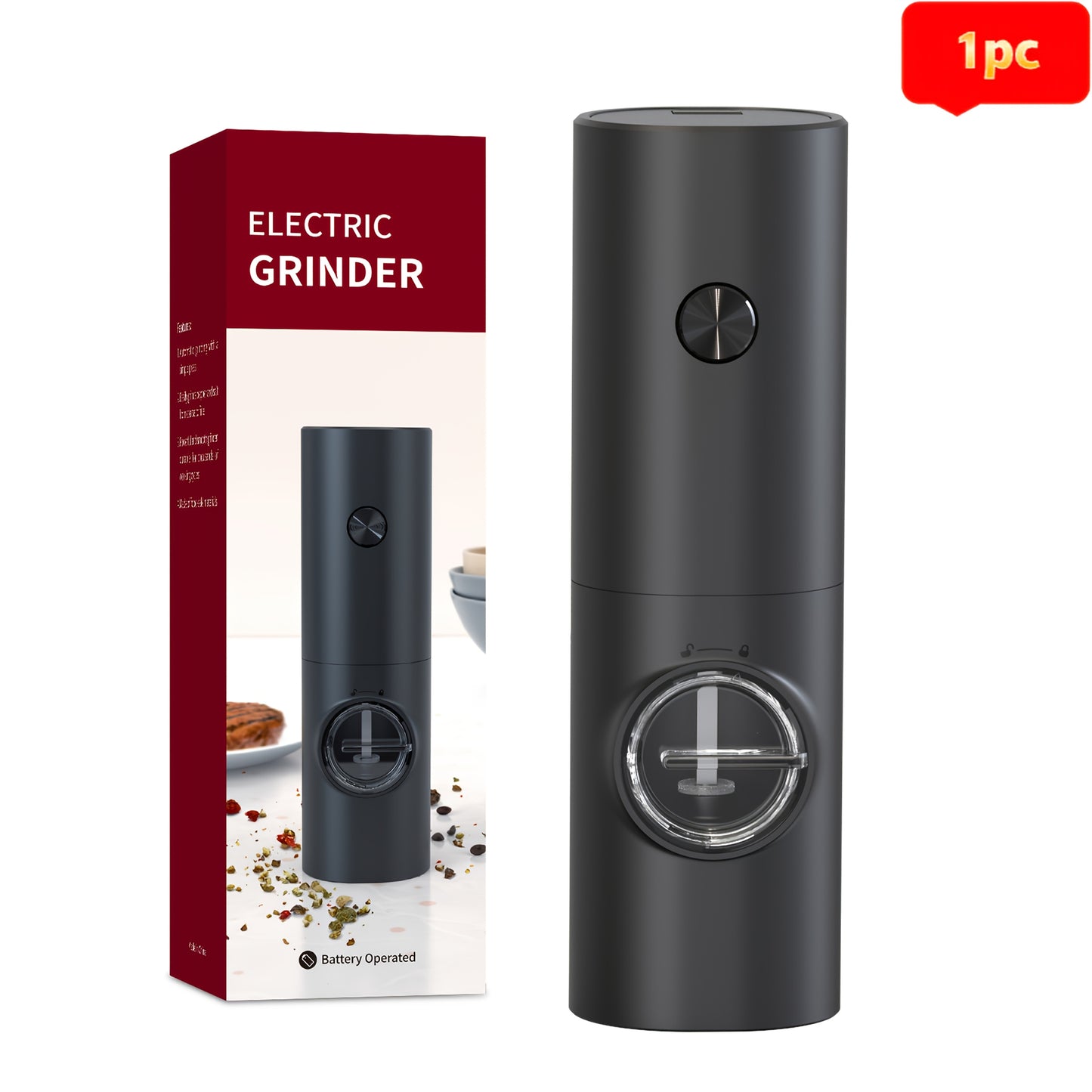 Electric Salt Pepper Grinder, Battery Powered Convenient (Batteries Not Included), Dual-Compartment Design with Base, Practical White LED Light, Coarse and Fine Adjustment, One-Click Operation, Black Durable