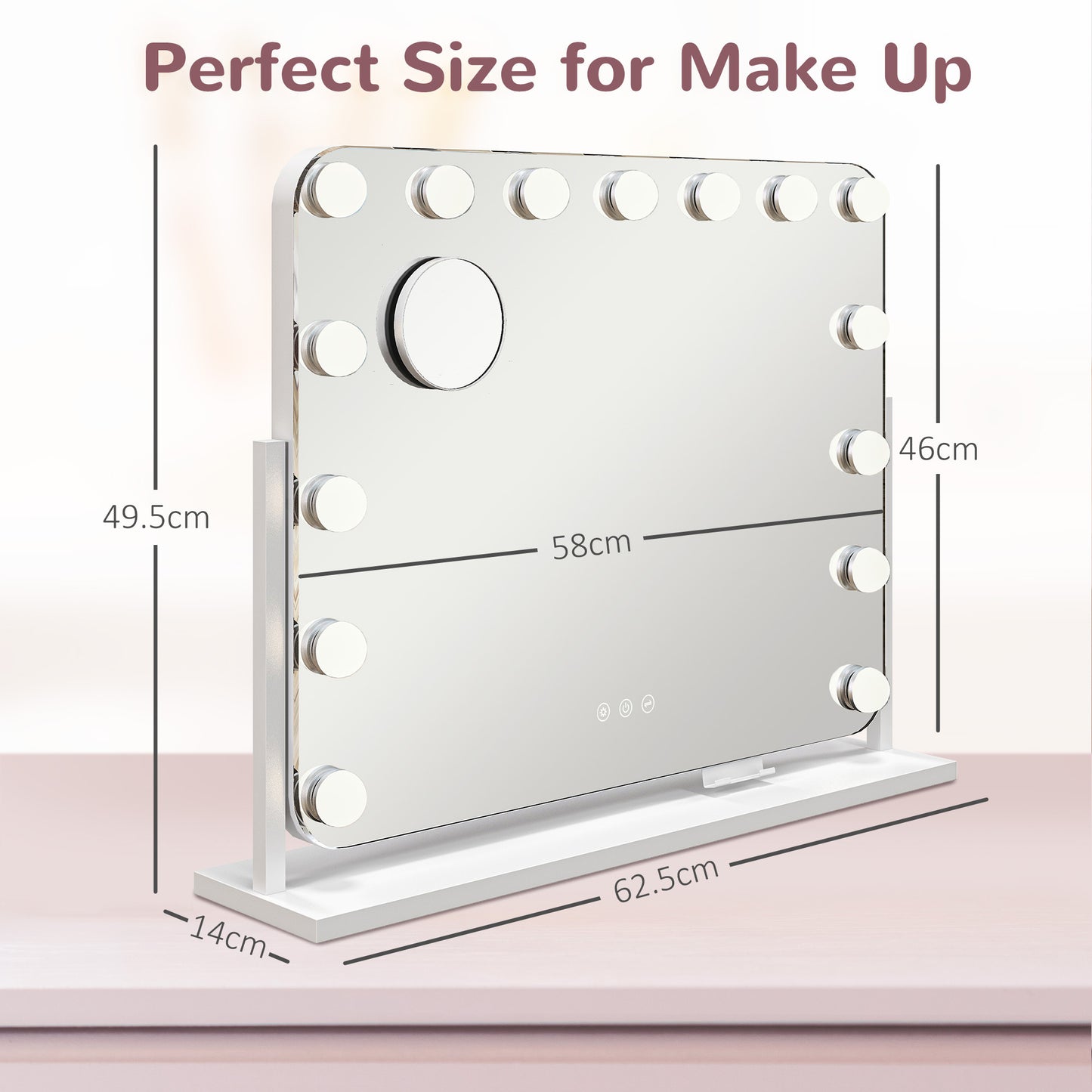 Hollywood Vanity Mirror with Lights, Large 63x50 cm Lighted Makeup Mirror with 3 Colour, 14 LED Bulbs, 10X Magnifying, USB Charging Port, Phone Holder, 360 Rotation, Touch Screen