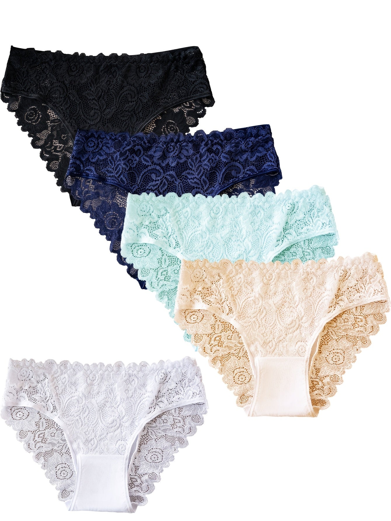 For Curvy Ladies UK XL-5XL (18-26) Plus Size 5 PCS Set Sexy Lace Panties, Comfortable and Breathable Mid-rise Underwear, Semi-transparent Lace Panels with Floral Prints, Perfect for Summer Beach Bikinis