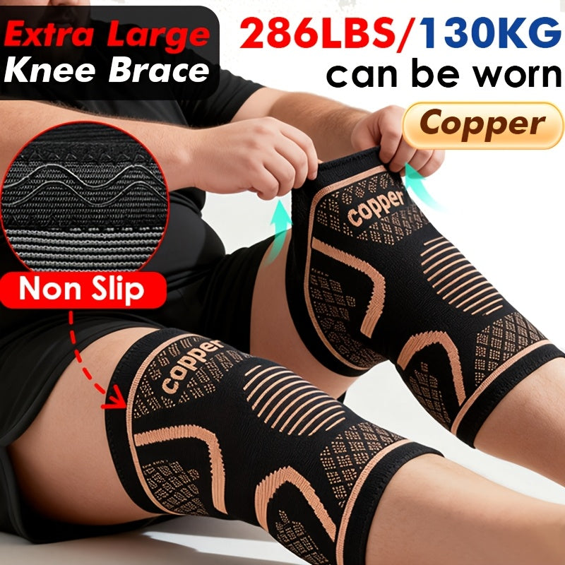 2 PCS Set- Extra Large Copper Compression Knee Sleeves with Non-Slip Strips, Oversized Breathable & Comfortable Knee Brace, Plus Size High Elasticity Knee Support for Running, Fitness, Men& Women, Black Brown, 1XL-3XL- Weight