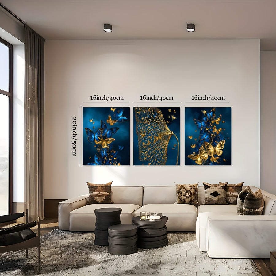 3pcs Navy Blue, Golden & Turquoise Butterfly Canvas Wall Art Set - Modern Abstract Minimalist Wrapped Canvas Paintings with Deep Blue & Golden Hues, Large Wall Decor for Living Room, Bedroom, Bathroom - Indoor Hanging Decorat