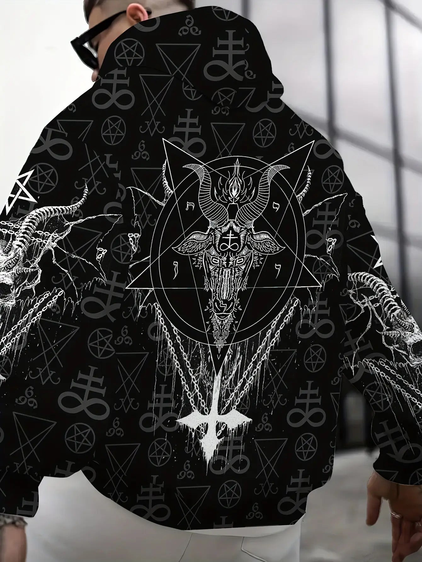 Secret Society Gothic Men's Plus Size Casual Hooded Sweatshirt with Sheep Head and Pentagram Pattern, Fashionable Trendy Long Sleeve Pullover Jacket