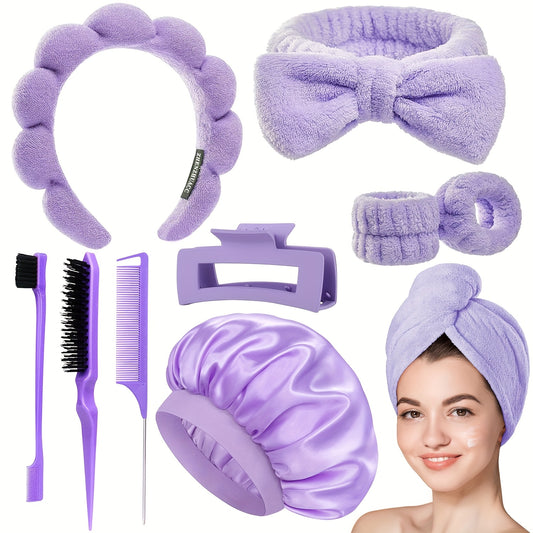 10 PCS Set Spa Headband and Hair Care Set | Slick Back Hair Brush, Soft Nightcap with Hair Band Wristband and Claw Clips, Microfiber Towel for Drying Hair, Curl Enhancing, Unscented