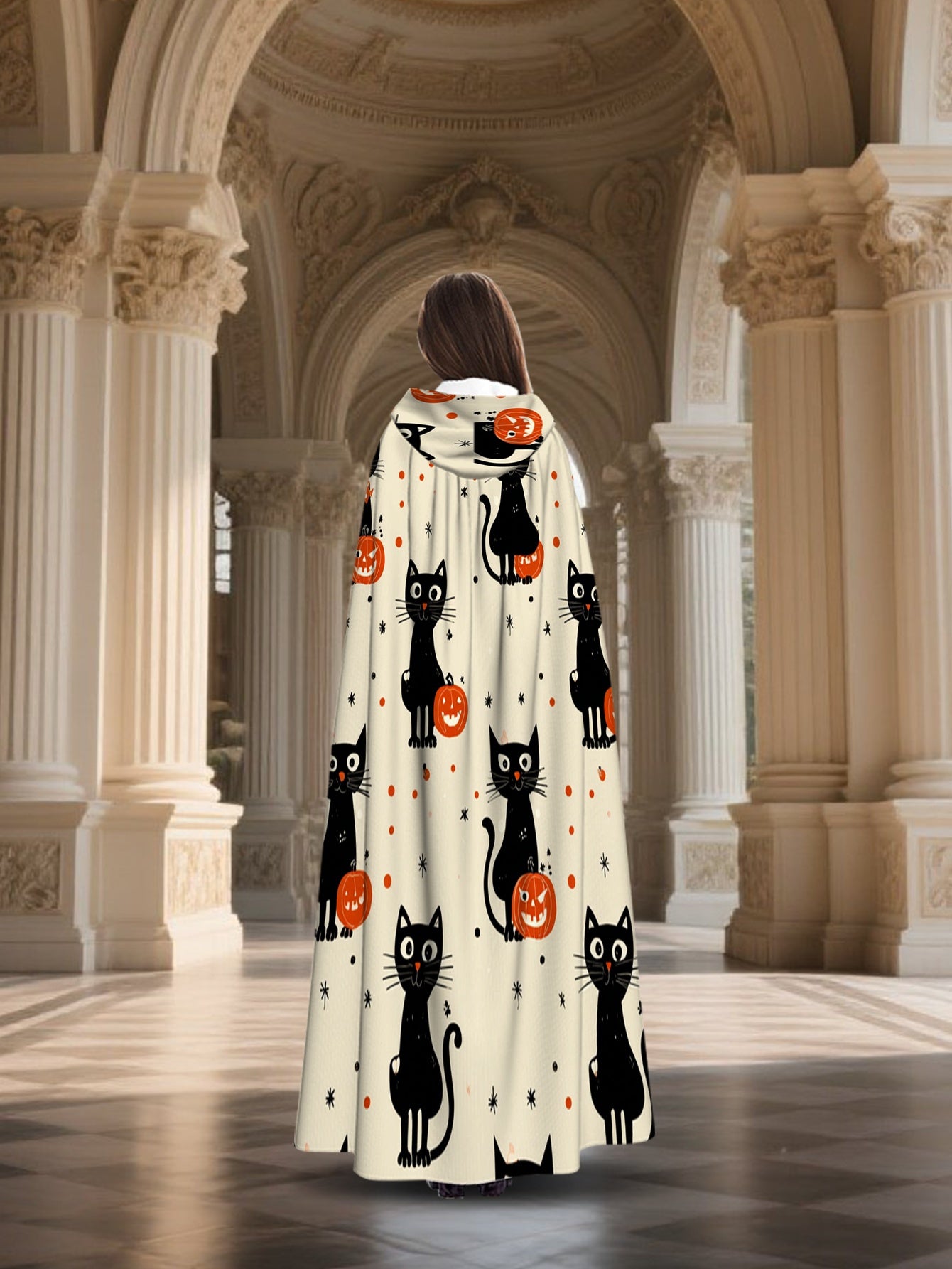 All-Season Witchcraft Halloween Hooded Cape Costume - Black & White Print with Witch Hat, Loose-Fit Witch/ Costume Accessory for, Machine Washable (Halloween Party Outfit, Carnival Cosplay Masquerade)