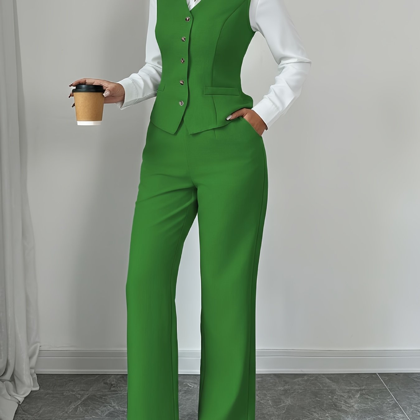 2 PCS Set UK 8-18 Size 5 Colors New Summer Women's Casual Elegant Chic Solid Color Sleeveless Single-Breasted Waist-Cinching Vest + High-Waist Wide-Leg Pants