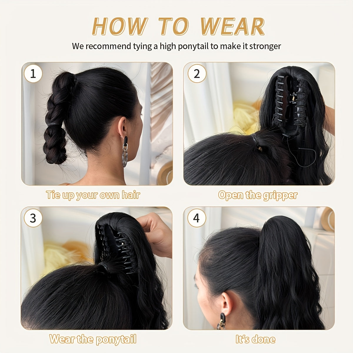 Women's Heat-Resistant Synthetic Hair Extension - 25.4cm Deep Wave Claw Ponytail Wig with 7 Color Options (Black, Brown, Golden, Gray, White, Brown/Black Gradient, | Look For Parties, Daily Use, Easy To Style & Maintain