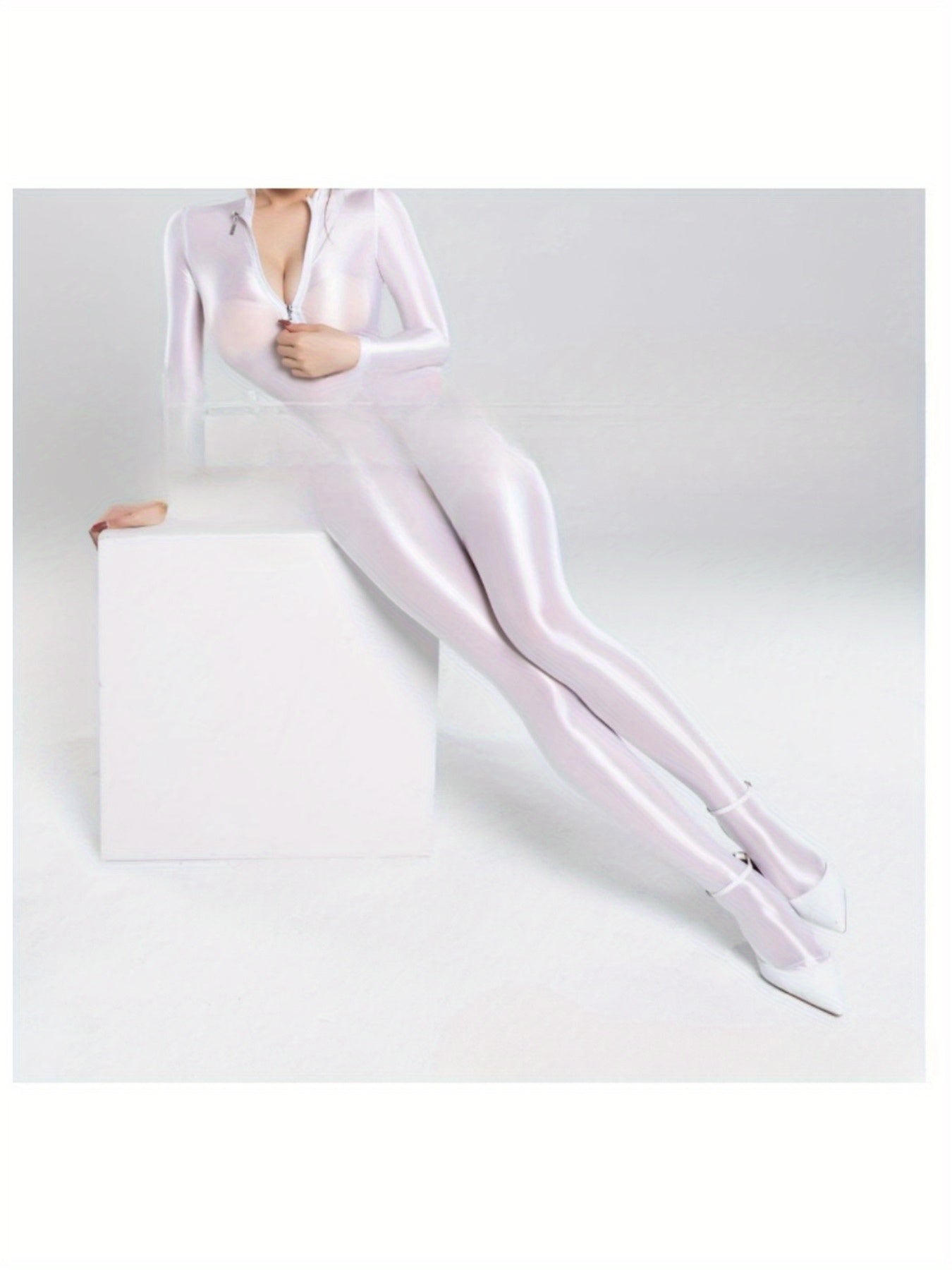 3 Colors Fashion Charm with Zipper Open Crotch Full Bodystocking, Women's Sexy Thin Shiny Clothing, Shiny Satin Glossy Silky Leopard Jumpsuit 2 Zipper Open Bust & Crotch Bodysuit Catsuit Playsuit