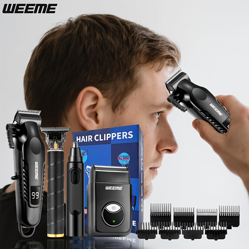 4 PCS Set Men's Grooming Kit with USB- Fast-Charging Clipper, T-Trimmer, Razor & Nose Hair Trimmer - All-in-One Hair & Shaving System for Home, Travel - Ideal Gift for Dad, Husband, Boyfriend (Birthday/Father's Day)