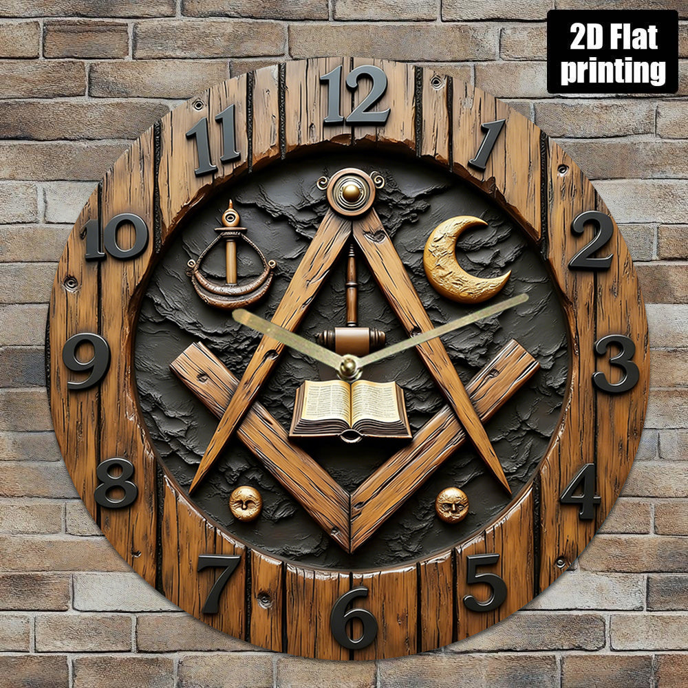 Masonic/Architect's Square-Themed Wall Clock Featuring Large Black Hands And Golden Numbers - Silent with No Ticking Sound, Includes Masonic Symbols (Compass, Square, Trowel) - Battery-Operated (AA Batteries Not Included)