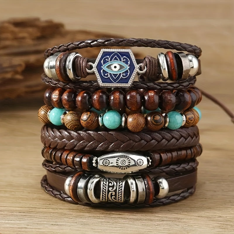 24pcs Retro Buffalo Head Turquoise Cowrie Wood Bead Bracelet Set - Brown Faux Leather with Star & Feather Pendants, Ideal Gift for Friends, Daily Occasion, Earth Day, Mother'S Day, Campus Event, Everyday Bracelet | Retro Styl