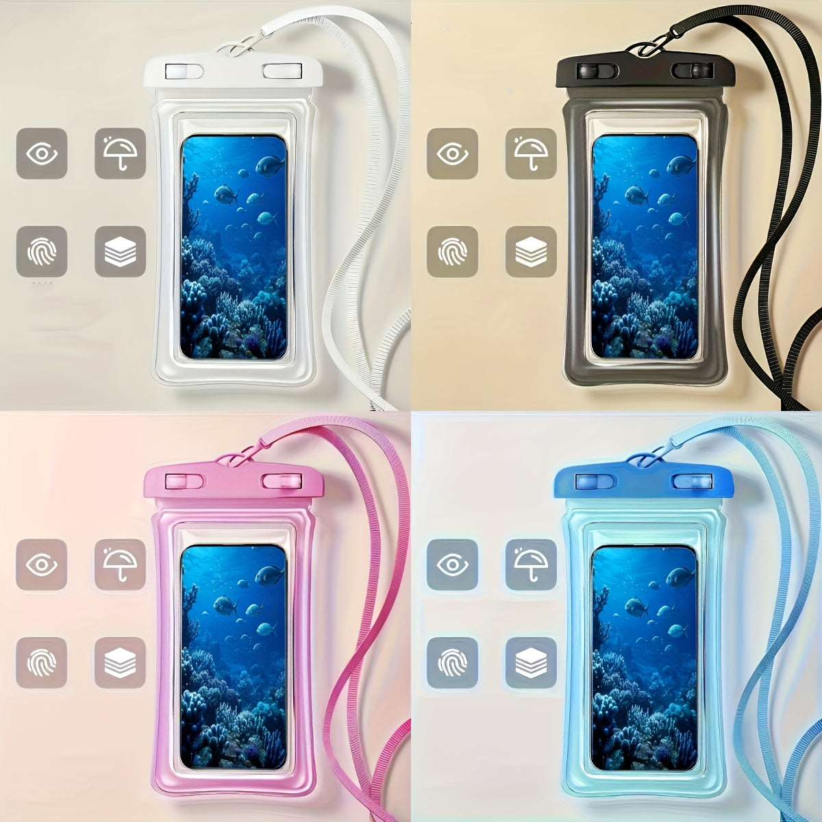 4 PCS Set "Tourism Season" New IP65 waterproof air cushion surrounded by floating thick waterproof bag, can protect up to 17.78 cm of mobile phone, suitable for swimming, surfing, rainy day travel, beach, cruise, skiing and o