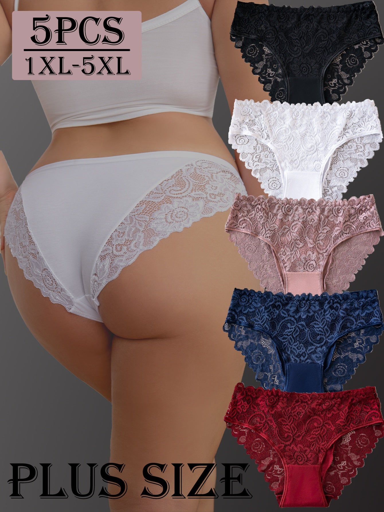 For Curvy Ladies UK XL-5XL (18-26) Plus Size 5 PCS Set Sexy Lace Panties, Comfortable and Breathable Mid-rise Underwear, Semi-transparent Lace Panels with Floral Prints, Perfect for Summer Beach Bikinis