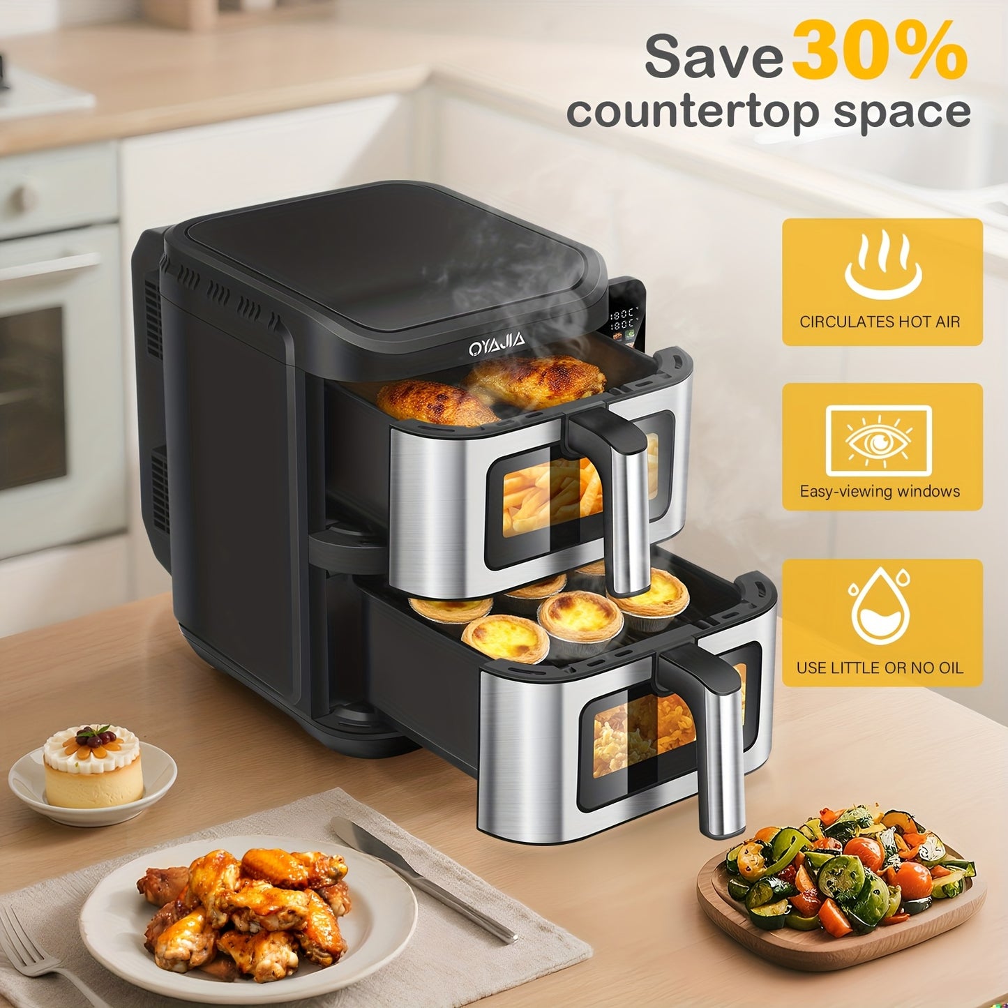 Professional 2800W Dual-Cavity 11L Family Air Fryer with Dual Drawers & Viewing Window, 10-in-1 Cooking (Air Fry/Bake/Roast), Heavy-Duty ABS/S Stainless, Oversized Basket for whole Chicken, Dishwasher-Safe for Large Gathering