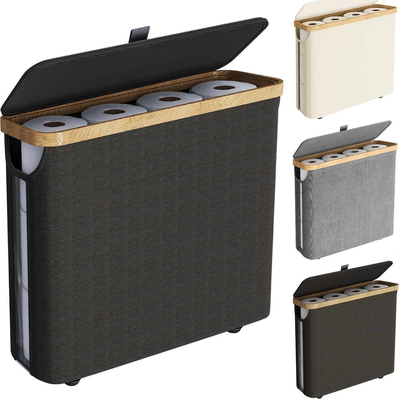 12 Rolls Bamboo Toilet Paper Holder with Lid - 30L Capacity, Modern Fabric Storage Basket for Bathroom, Kitchen, or Office, Multi-Purpose Organizer with Handle, Bathroom Organizer|Sleek Toilet Paper Holder|Durable Bamboo Mate