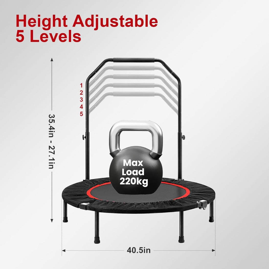 For Home Gym 40 inch Foldable Fitness Trampoline Max Load 400lbs Foldable Exercise Rebounder with 5 level Adjustable Handrail Indoor Outdoor Fitness Body Exercise