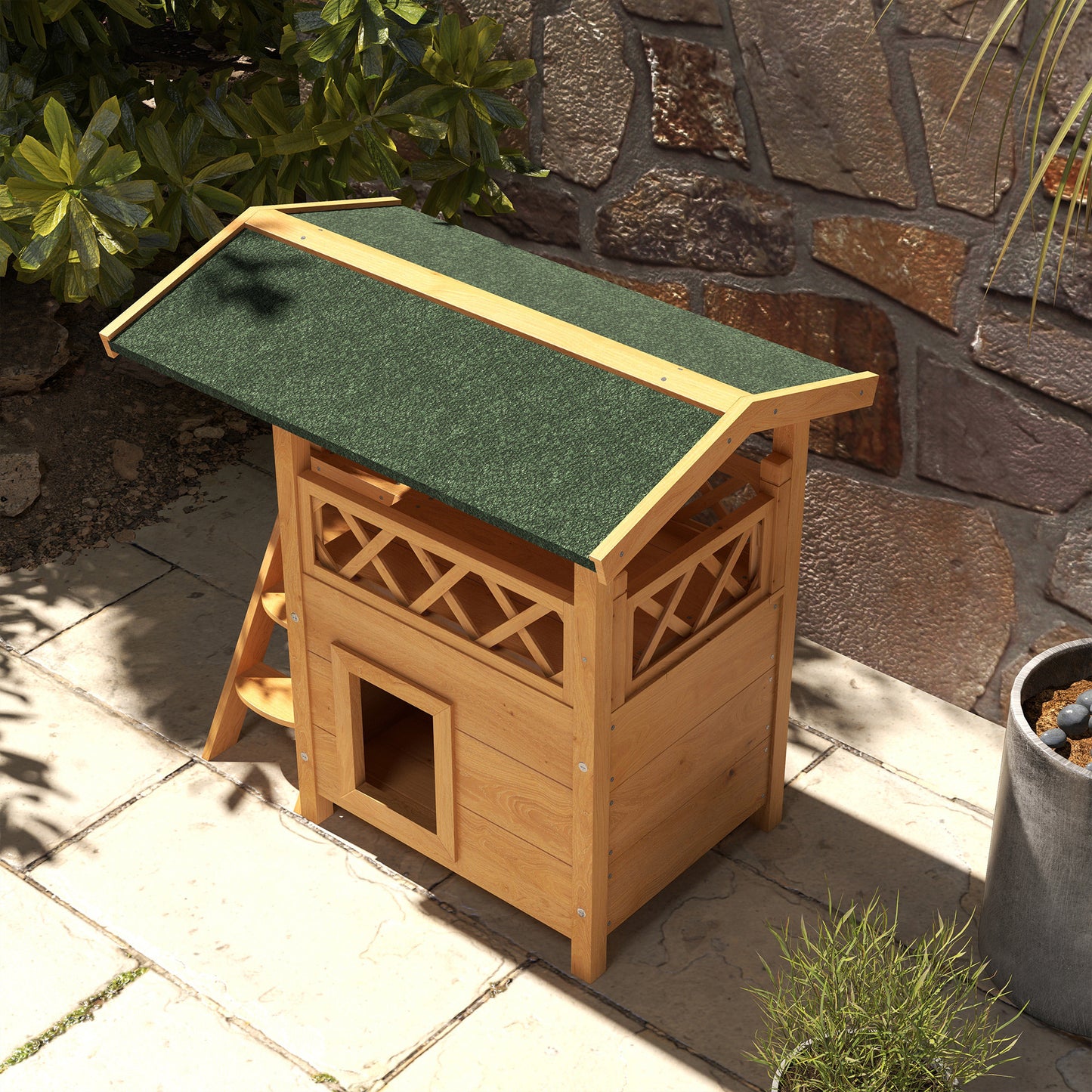 Outdoor Cat House Kitten Shelter Puppy Kennel with Balcony Stairs Asphalt Roof, 77 x 50 x 73 cm