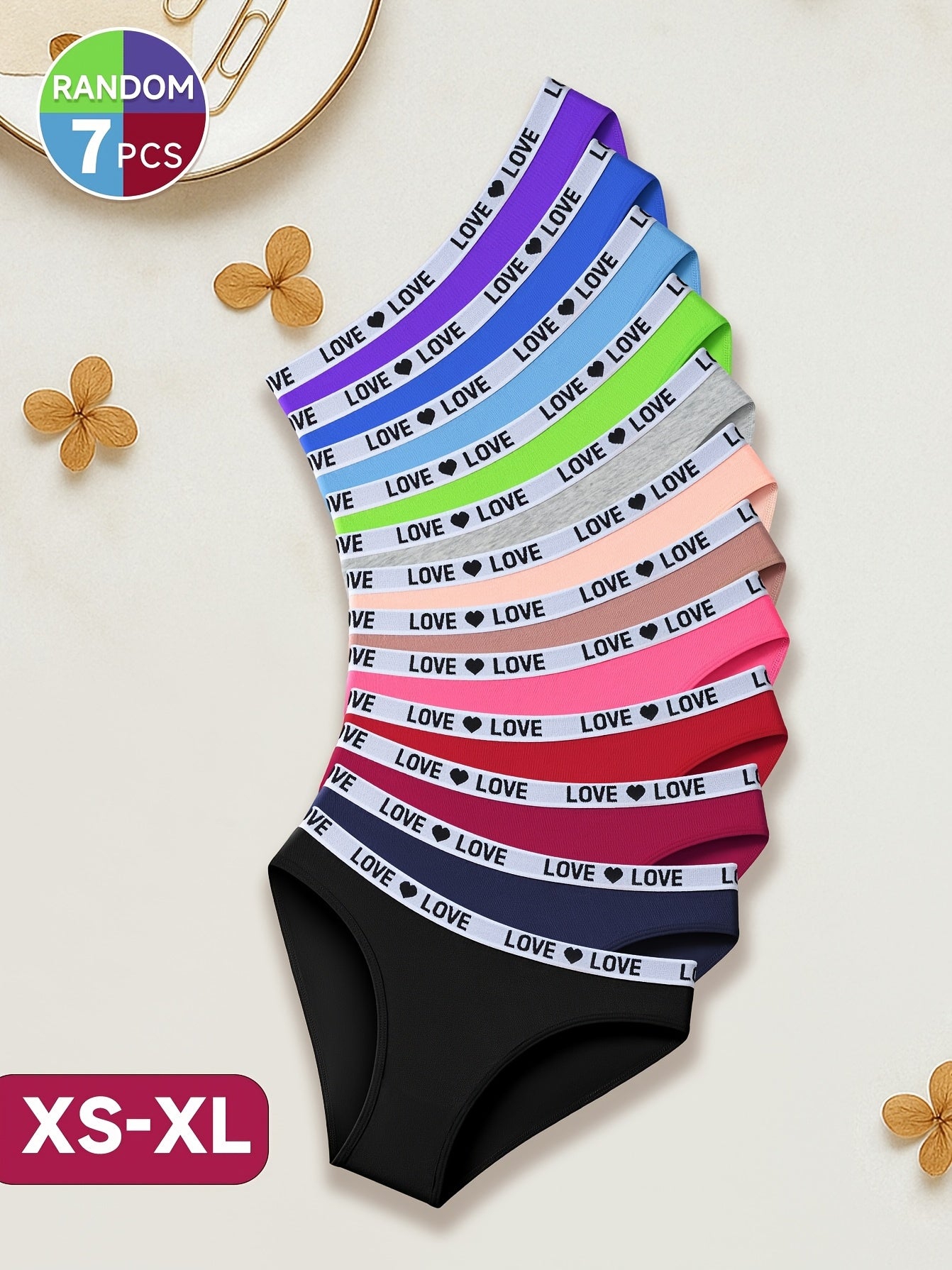 7-PCS Set  Women's Drop Waist Seamless Thong Panties | Sexy Bikini Heart Print, Simple Elegant Solid Color Design, High Elasticity Soft Breathable Fabric, Suitable for Light Skin, Autumn-Winter Underwear