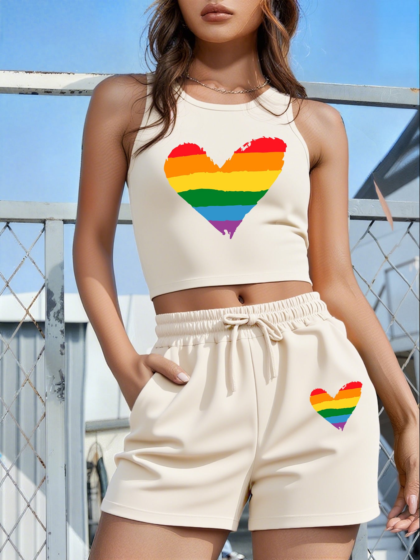 2PCS Set 5 Colors Women's LGBTQ+ Pride Heart Graphic - Sleeveless Vest & Loose Shorts Outfit in Red with Green/Purple Stripes, Drawstring Waist - Machine Washable Lounge, Party, Everyday Outfits