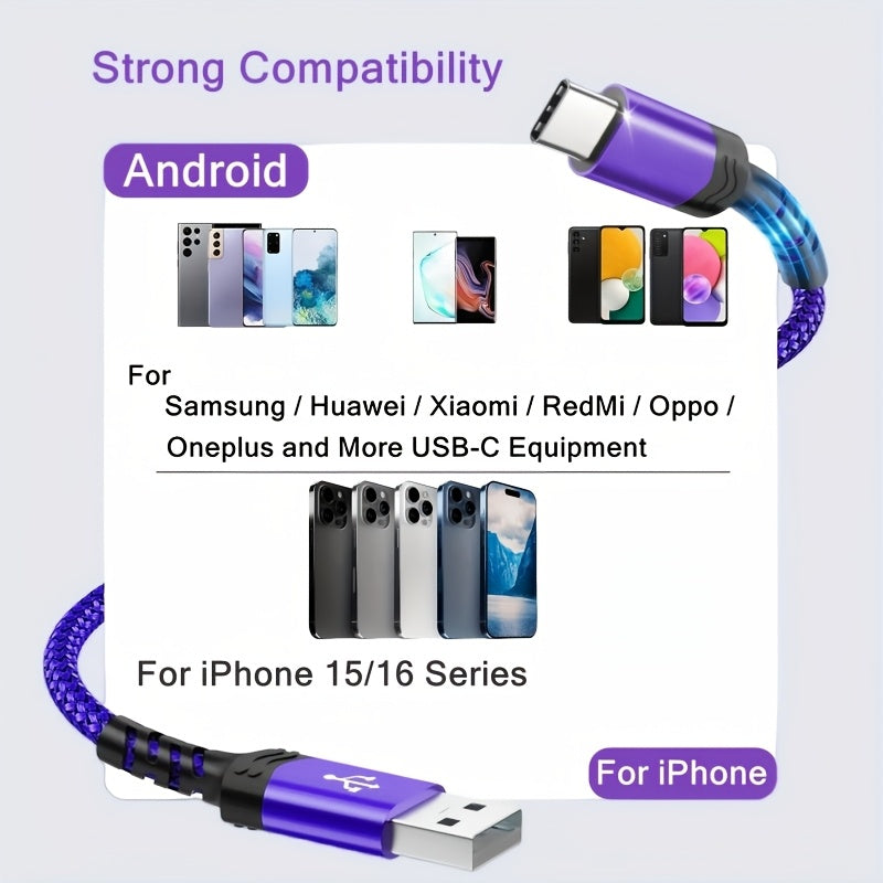 [Hot new product] Tzlrxl USB-C nylon braided fast charging cable, compatible with for Samsung, OnePlus, Xiaomi, and other devices. Supports data transfer and charging, matte finish. Available in 3.3 ft and 6.6 ft lengths