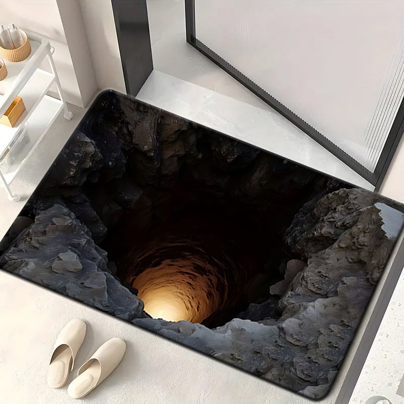 2D Optical Visual Illusion Deep Cave Themed Doormat, Soft Flannel Welcome Mat with Non-Slip Feature, Outdoor Carpet for Entryways, Machine Washable, Foldable, Durable Polyester Fiber, Suitable for Bathrooms, Kitchens, Living