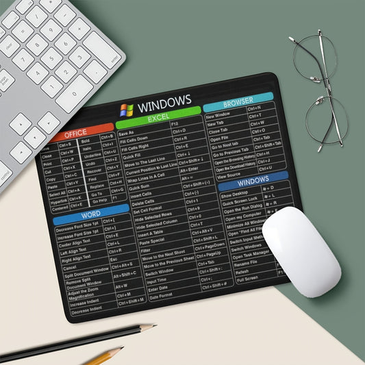 Ergonomic Non-Slip Rubber Mouse Pad with Windows Shortcuts - Rectangle Office Gaming Mouse Mat, Durable & Comfortable, Ideal for Computer & Laptop, 24.13X20.07 cm