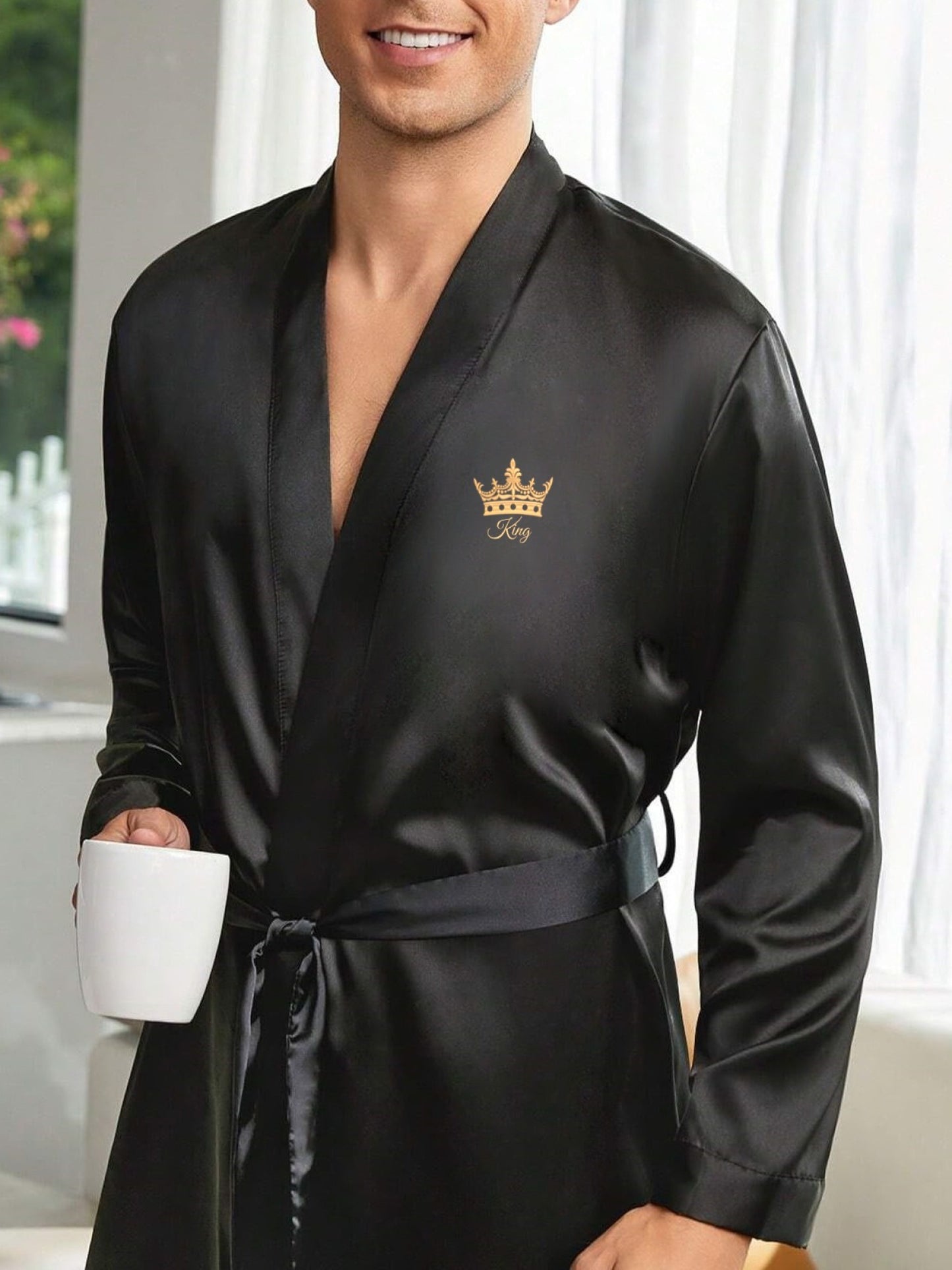 New Men's Smooth Soft Comfortable Plain Color Robe with DIY Customized Pattern, V-neck, Long Sleeves, Belted Elegant Simple Casual Ideal Choice for Wedding and Party Men's Pajamas Home Clothes Regular Models in Spring, Summer