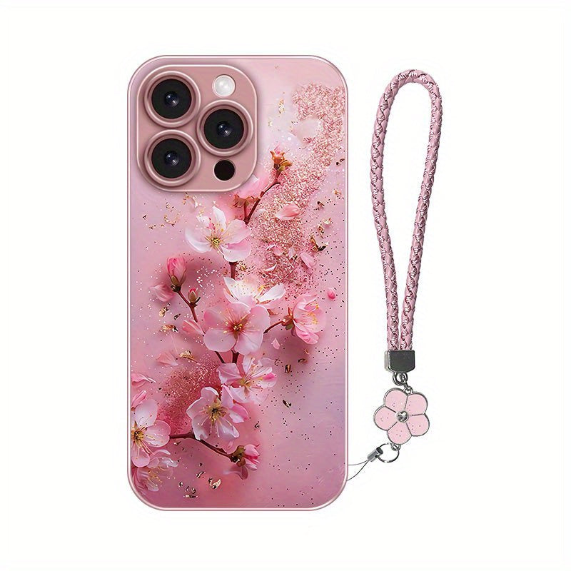 Golden-Plated Cherry Blossom Metal Paint Glass Phone Case with Lanyard for iPhone 16/16 Plus/16 Pro/16 Pro Max/15/15 Plus/15 Pro/15 Pro Max/14/14 Plus/14 Pro/14 Pro Max/13/13 Pro/13 Pro Max/13 Mini/12/12 Pro/12 Pro Max/12 min