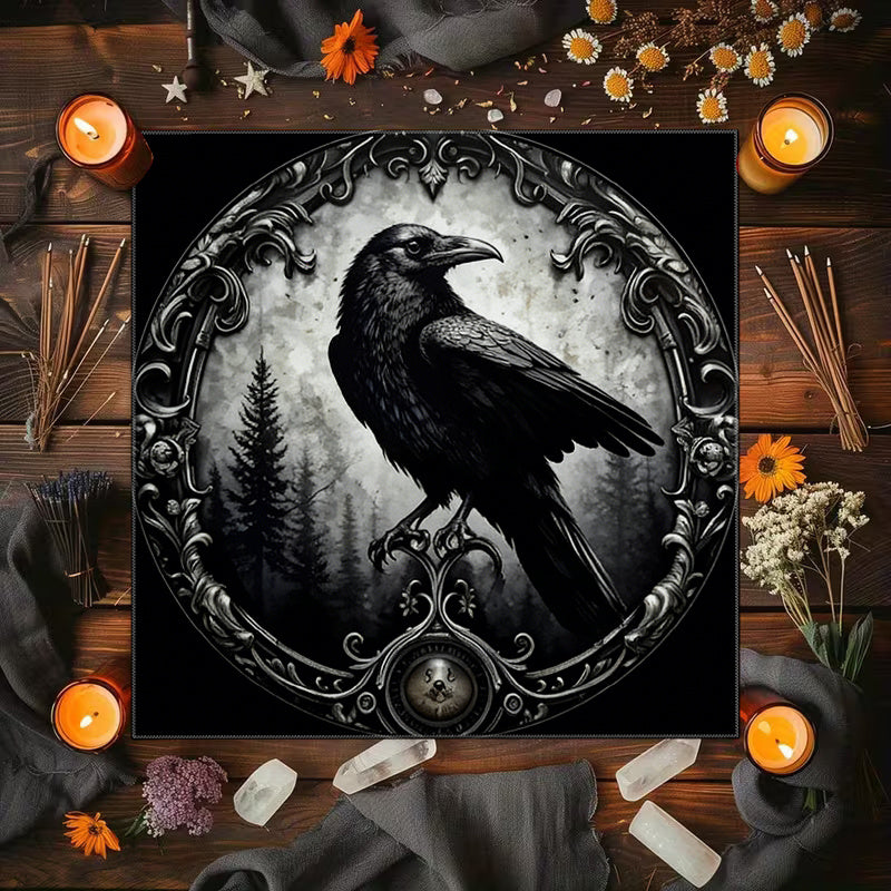 Mystical Forest Crow Emblem Cloth, Astrology Cloth, Universal Altar Cloth, Tabletop Game Cloth, Room Decoration, 2D Flat, Board Game Cloth, Party Decoration, Suitable for Astrology Enthusiasts
