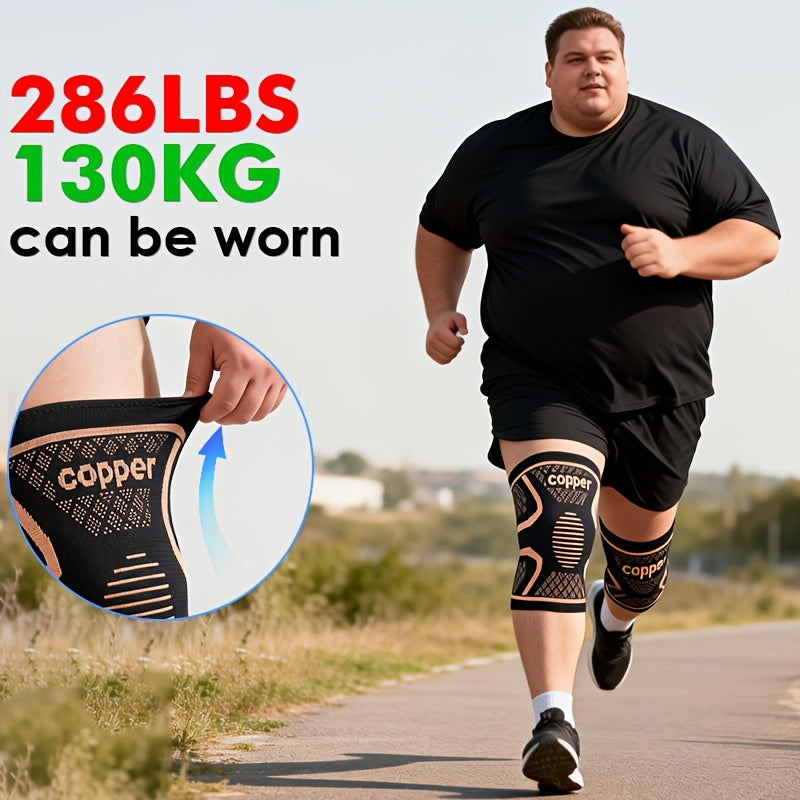 2 PCS Set- Extra Large Copper Compression Knee Sleeves with Non-Slip Strips, Oversized Breathable & Comfortable Knee Brace, Plus Size High Elasticity Knee Support for Running, Fitness, Men& Women, Black Brown, 1XL-3XL- Weight
