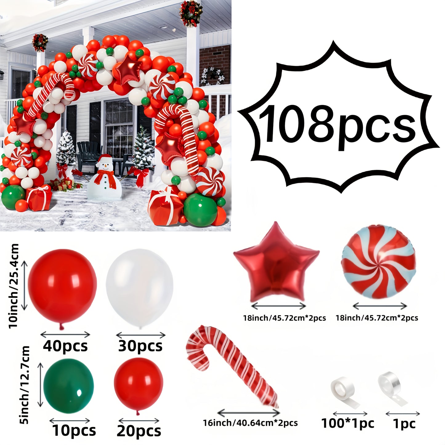 108 PCS Set Large Arch Balloon Garland Set with Red/Green/White Latex & Golden Star Foil Balloons - Complete DIY Christmas, New Year, Birthday Party Decorations Kit with Helium-Ready Connectors (No Helium Included) for Winter