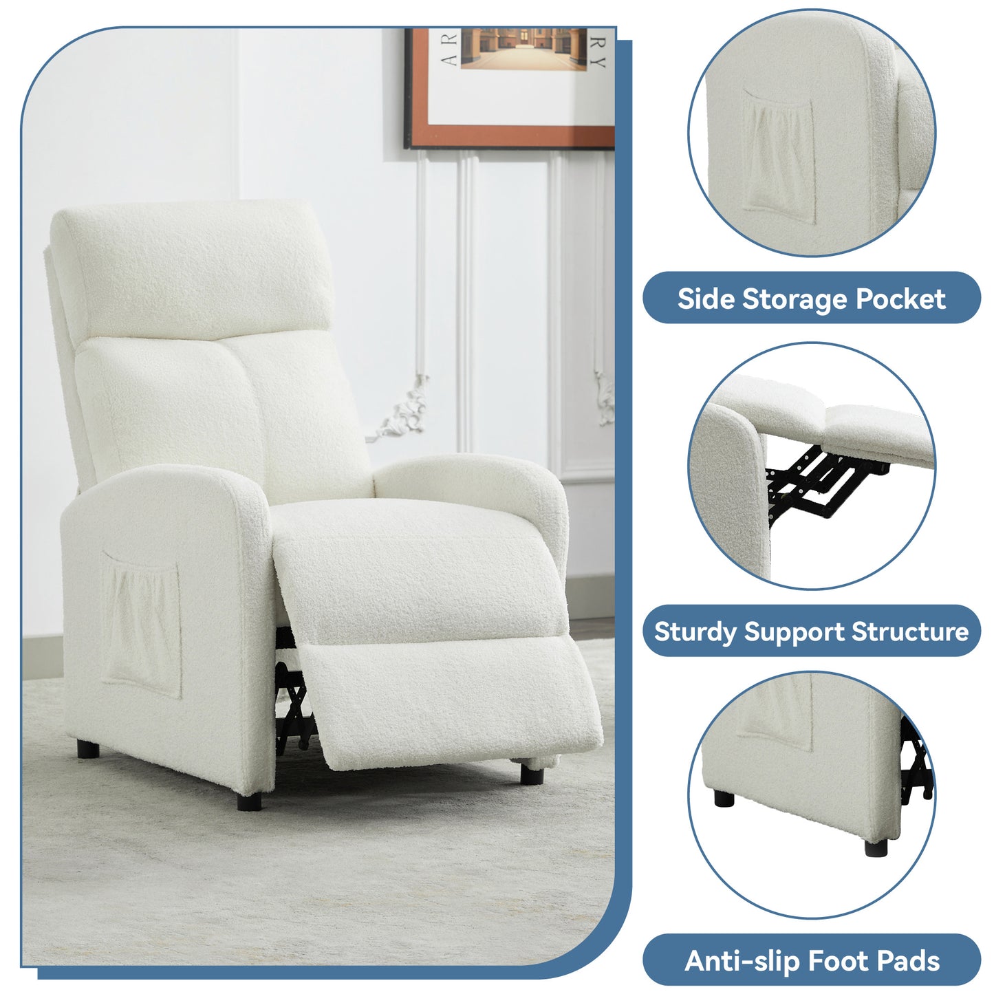 Push Back Recliner Chair Bed , Single Sofa with Lumbar Support, Padded Backrest, Side Pocket and Adjustable Leg Rest for Home Living Room