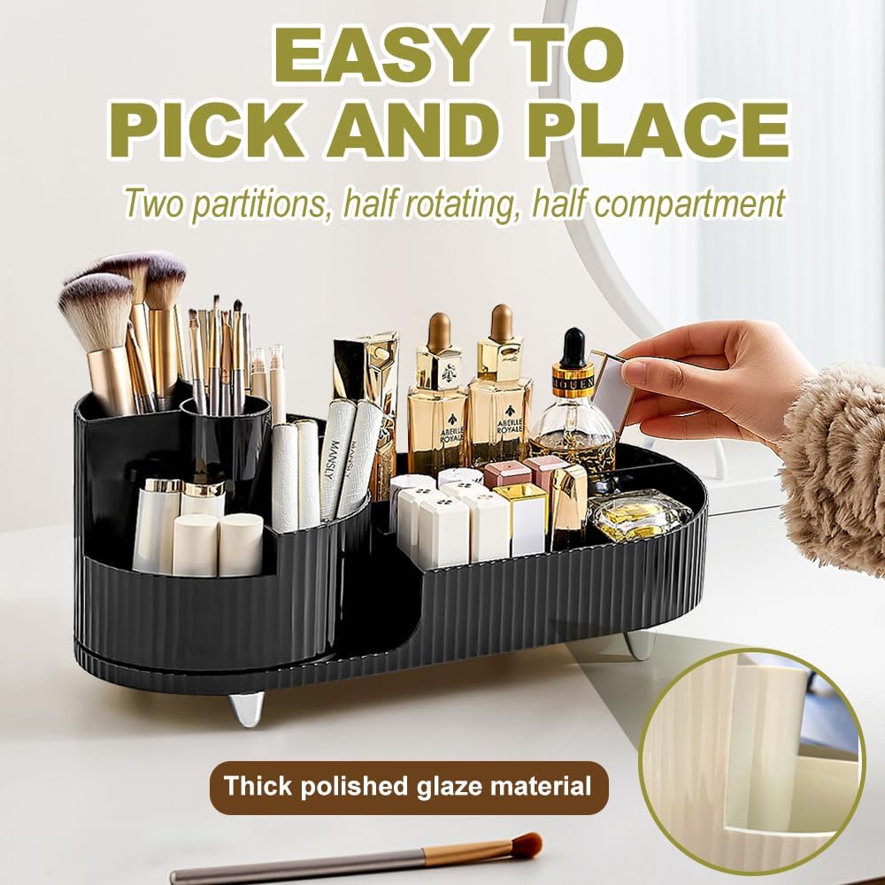 Black and White Color Rotating Makeup Organizer, 360°Rotating Large Capacity Brush Holder, Storage with Compartments for Vanity, Bathroom, Desk Container, Cosmetic Display Cases
