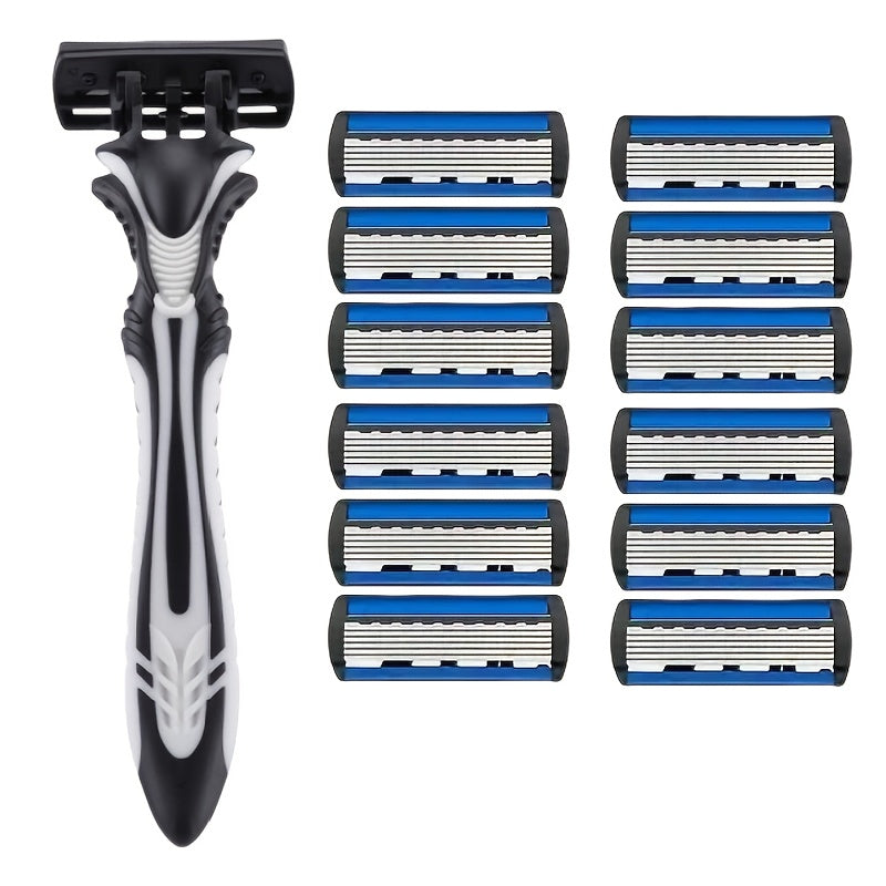 1 Handle +12 Six-Layer Replacement  Blades Set Head White and Black Handle Manual Shaving Razor Sets Men Grooming Tool Sets