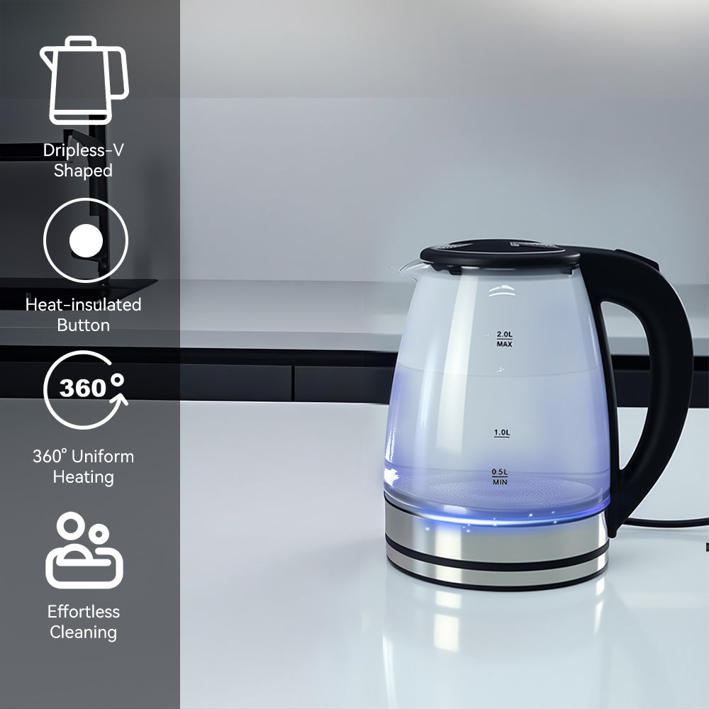 2L Electric Kettle Glass Fast Boil 1000W Teapot Blue LED With Stainless Steel Fast Boiling Auto Shut-off UK Plug