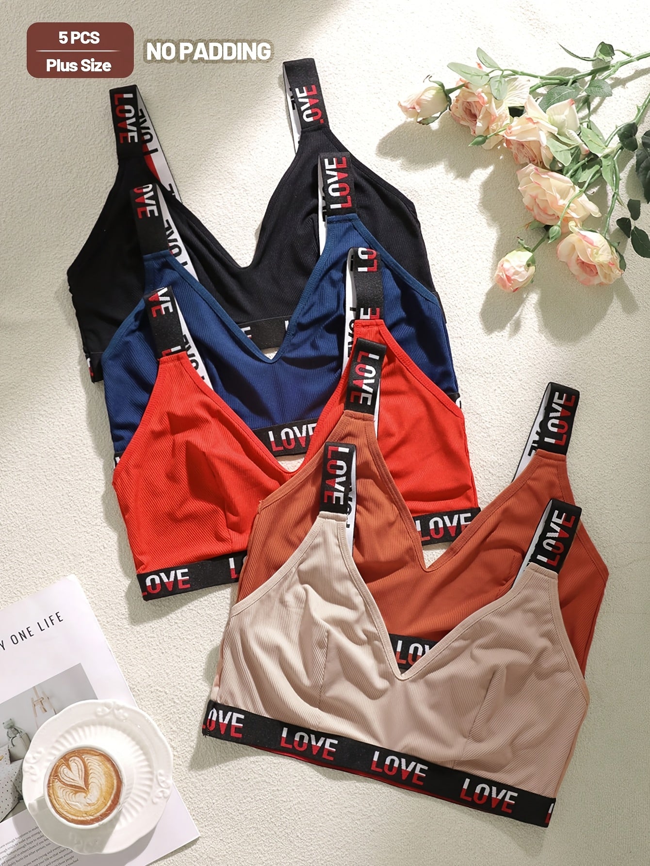 5 PCS Set Comfortable Minimalist Fabric Women's Plus Size Bras | Wireless, Alphabet Pattern, No Padding Tops