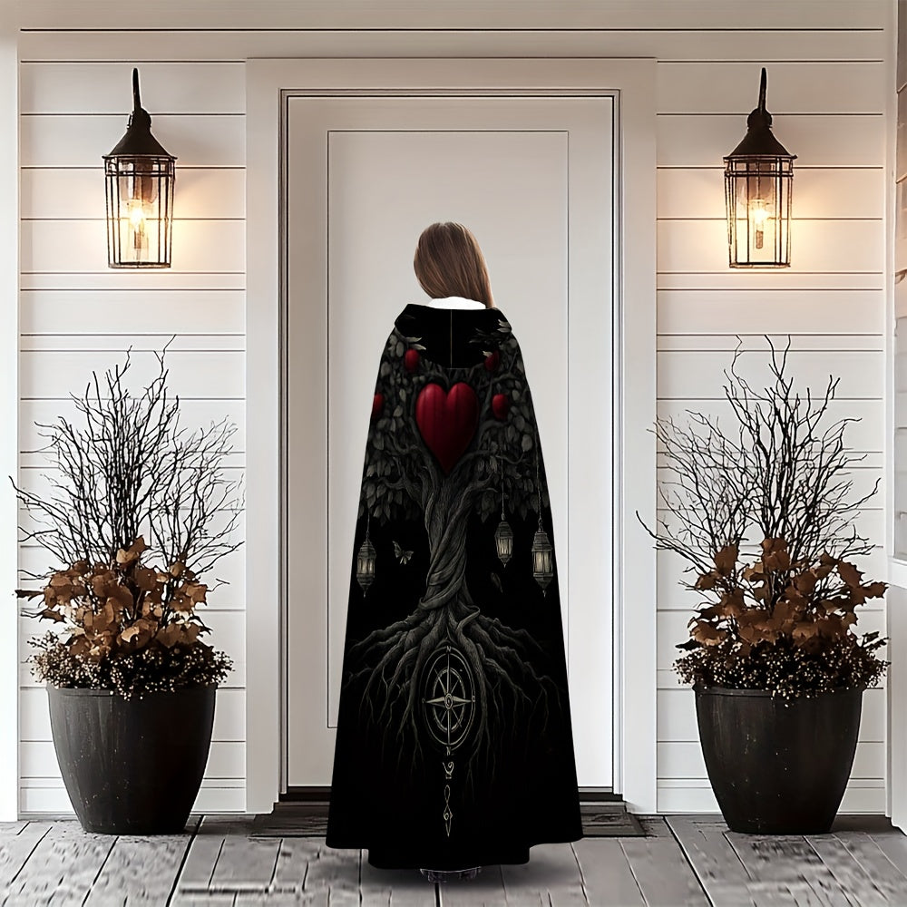 Women's Gothic Witch Cape Robe Costume - Long Flowing Dark Robe with Heart Tree & Pentagram Design, Flowing Cape - Heavy-Duty Fabric for Cosplay, Themed Parties, Medieval/Fantasy Events - Magical Attire for Wiccan & Witchy Ev