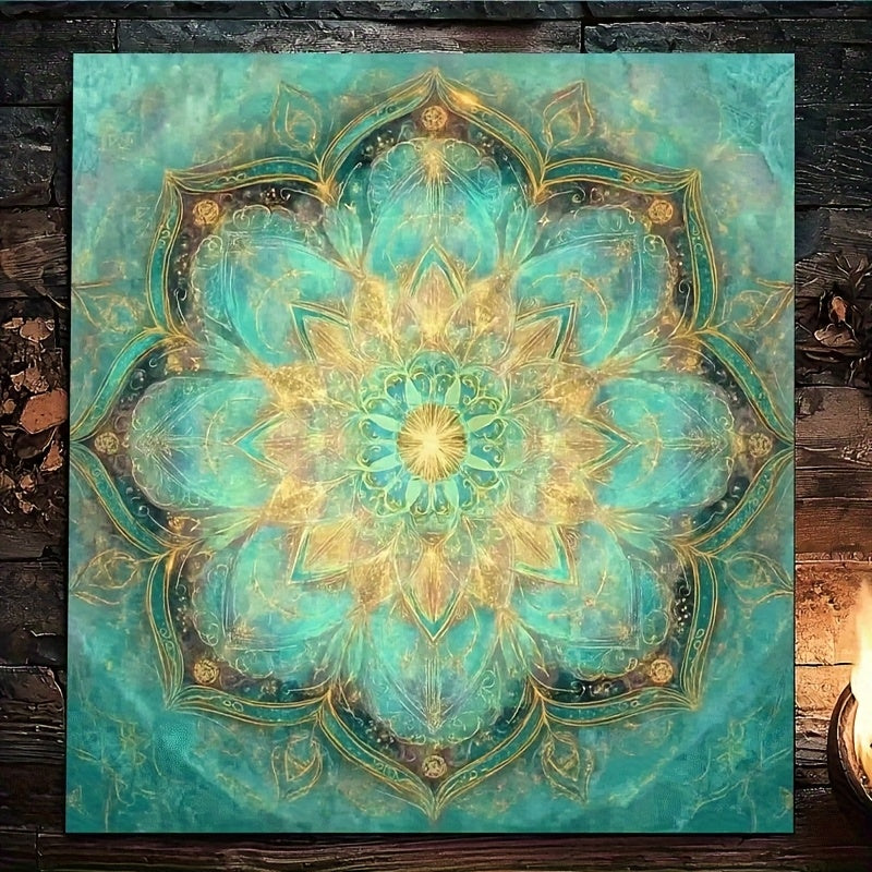 1pc Tarot Tablecloth - Mystical Mandala Altar Cloth with Turquoise and Golden Patterns, Durable Polyester Material, Suitable for Tarot Reading, Séance Parties, Meditation - Easy-to-Clean Spiritual Decor, Witchcraft Rituals,