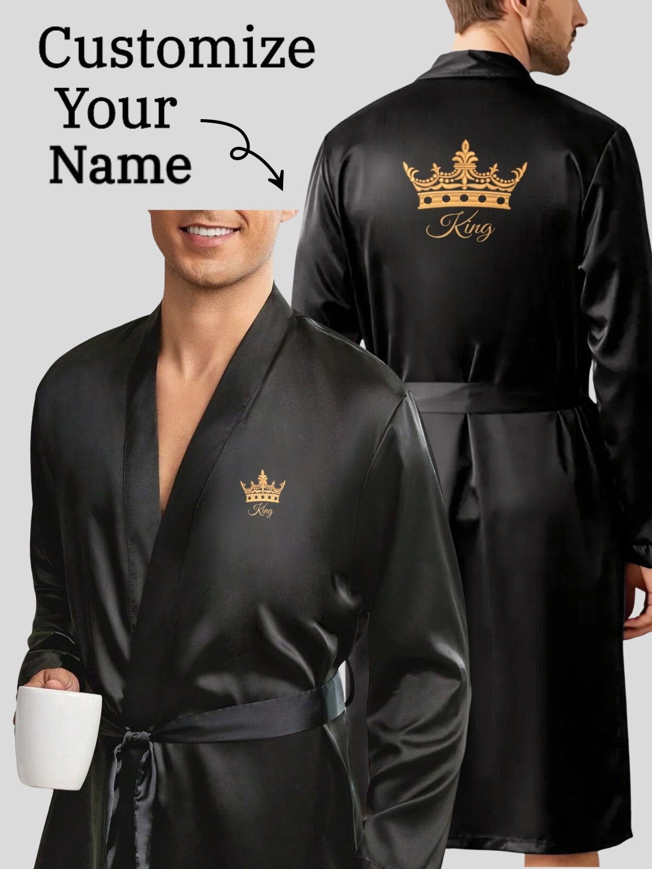 New Men's Smooth Soft Comfortable Plain Color Robe with DIY Customized Pattern, V-neck, Long Sleeves, Belted Elegant Simple Casual Ideal Choice for Wedding and Party Men's Pajamas Home Clothes Regular Models in Spring, Summer