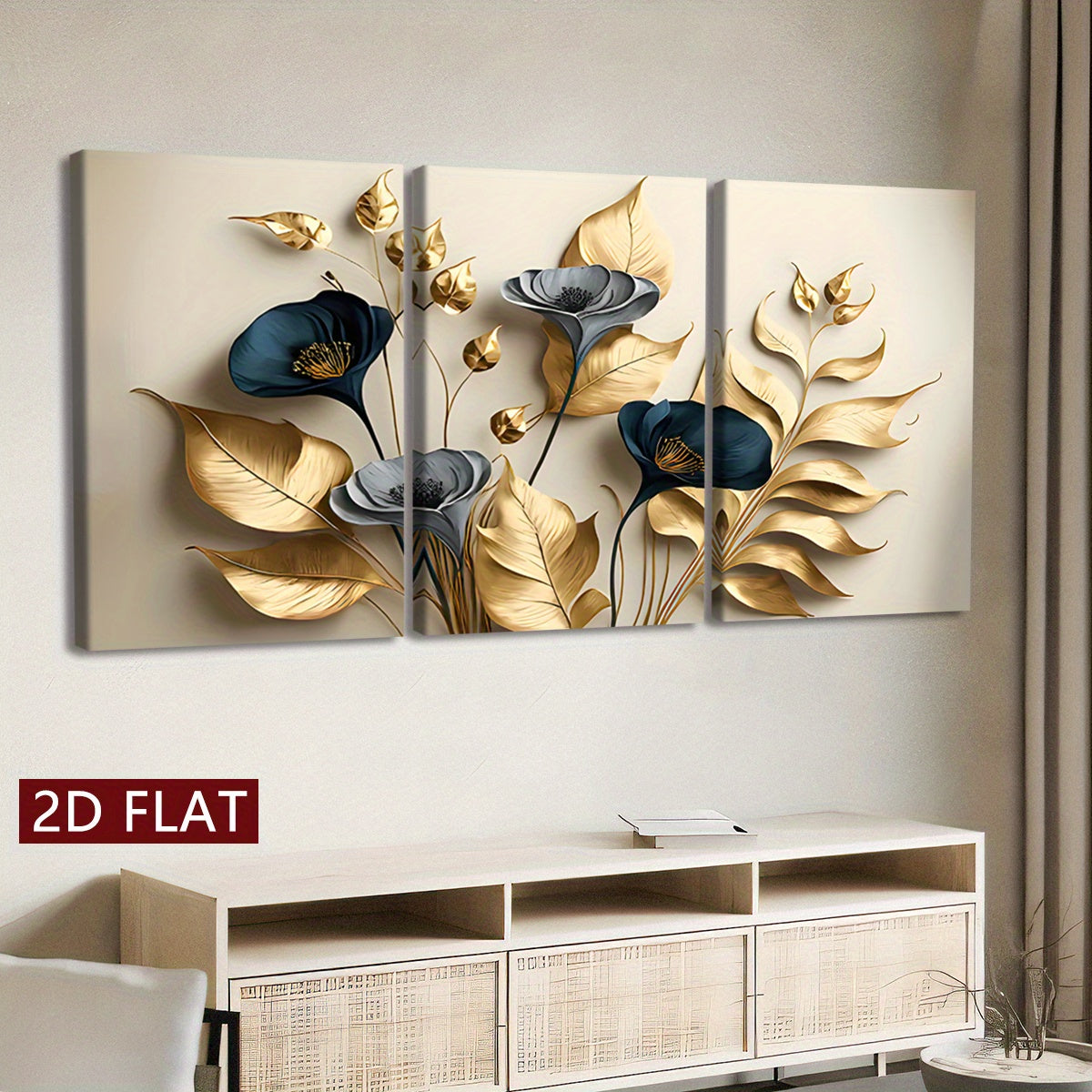 [2D Flat] Three Wooden Frame Canvas Wall Art - Modern Abstract Design Featuring Golden Leaves And Flowers, High-Definition 8K Odorless Indoor Wall Decoration, Suitable for Living Rooms, Bedrooms, And Offices - Contemporary Ho