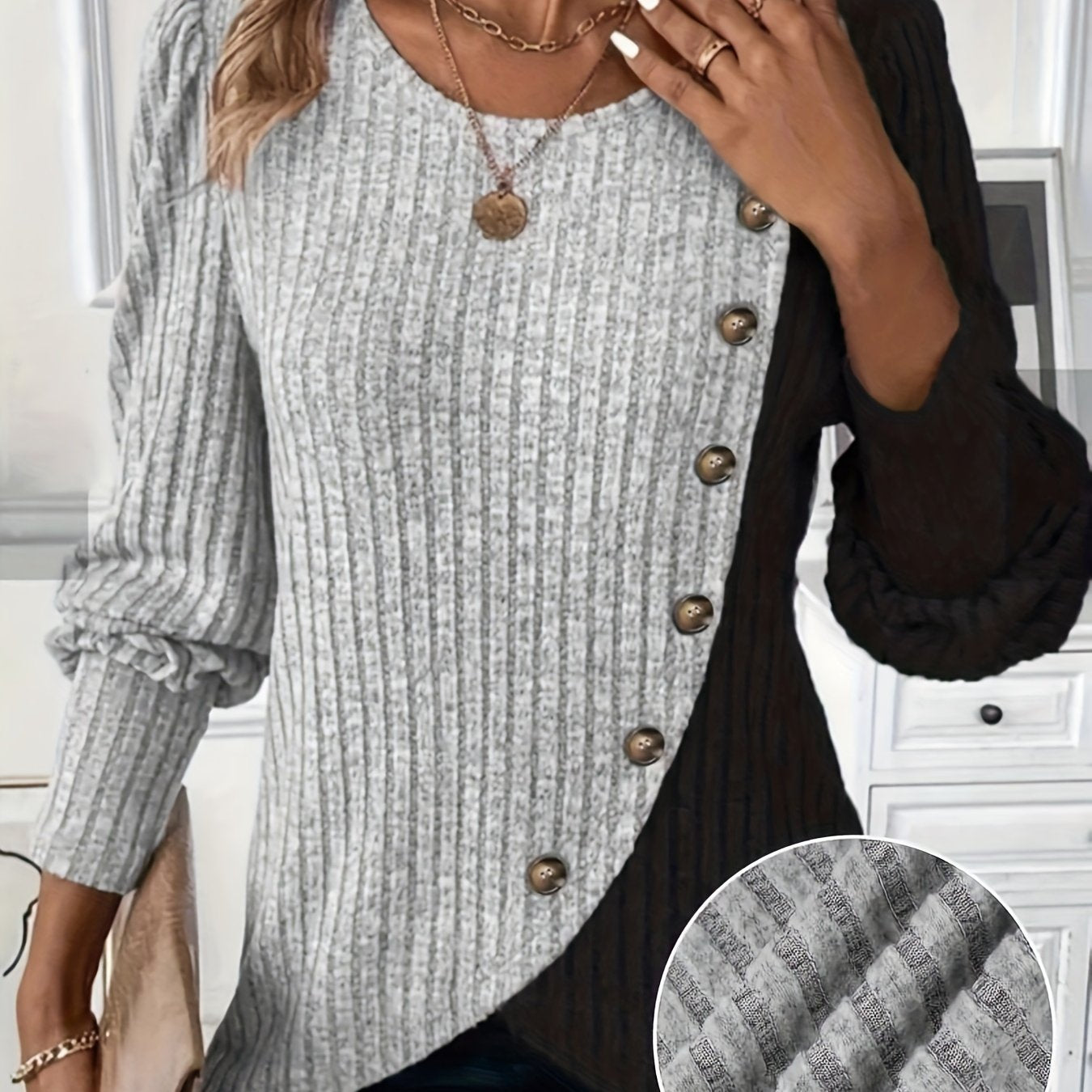For Curvy Ladies L-3XL UK (16-24) Plus Size - New Autumn And Winter Collection of Solid Color Long-Sleeve Ribbed Button-Slit Oversized Women's Shirts, Elegant Tops