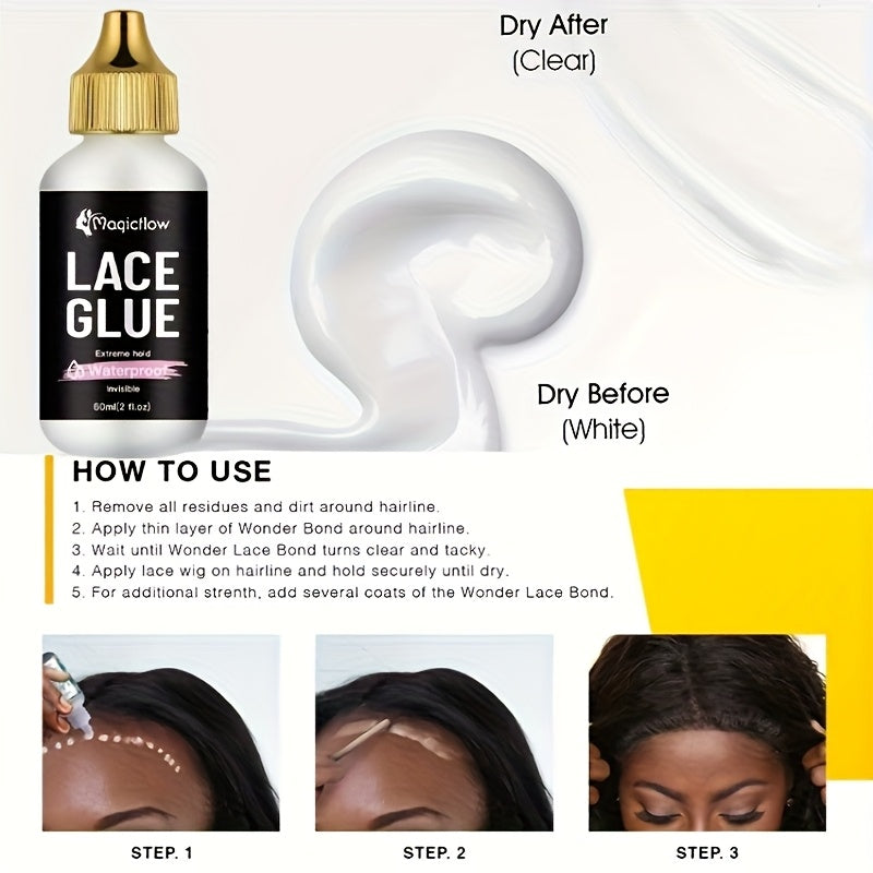 60ml/2fl.oz Waterproof Wig Lace Glue - Strong Hold, Invisible, Quick Dry & Easy Removal - No Odor Adhesive for All Wigs