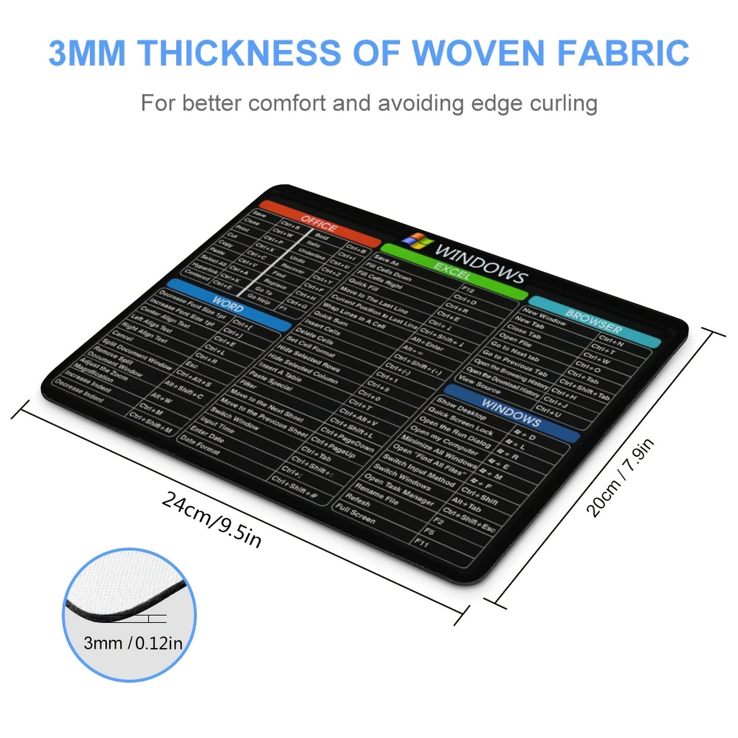 Ergonomic Non-Slip Rubber Mouse Pad with Windows Shortcuts - Rectangle Office Gaming Mouse Mat, Durable & Comfortable, Ideal for Computer & Laptop, 24.13X20.07 cm