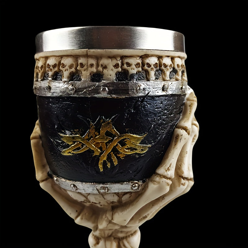 Secret Society Ceremonies Creative Skull Hand Goblet, 200ml Gothic Ossuary Palm Skull Skeletal Bones Armor Wine Cup Resin Body Stainless Steel Goblet Drinking Cup Party Drinkware Halloween