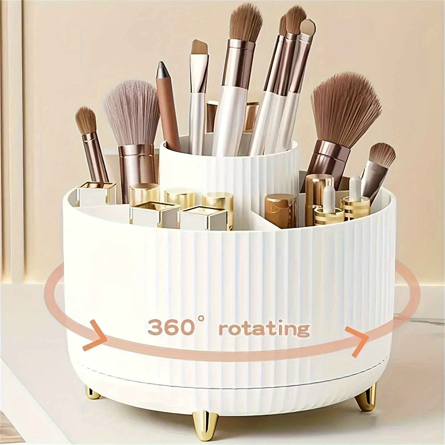 5 Colors 360° Rotating Makeup Organizer - 1pc Plastic Cosmetic Storage with 5 Compartments - Multi-Functional Holder for Brushes, Lipsticks, Skin Care Products, and Stationery - Durable Unscented Desk Caddy with Luxury Strip