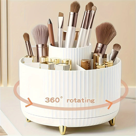 5 Colors 360° Rotating Makeup Organizer - 1pc Plastic Cosmetic Storage with 5 Compartments - Multi-Functional Holder for Brushes, Lipsticks, Skin Care Products, and Stationery - Durable Unscented Desk Caddy with Luxury Strip