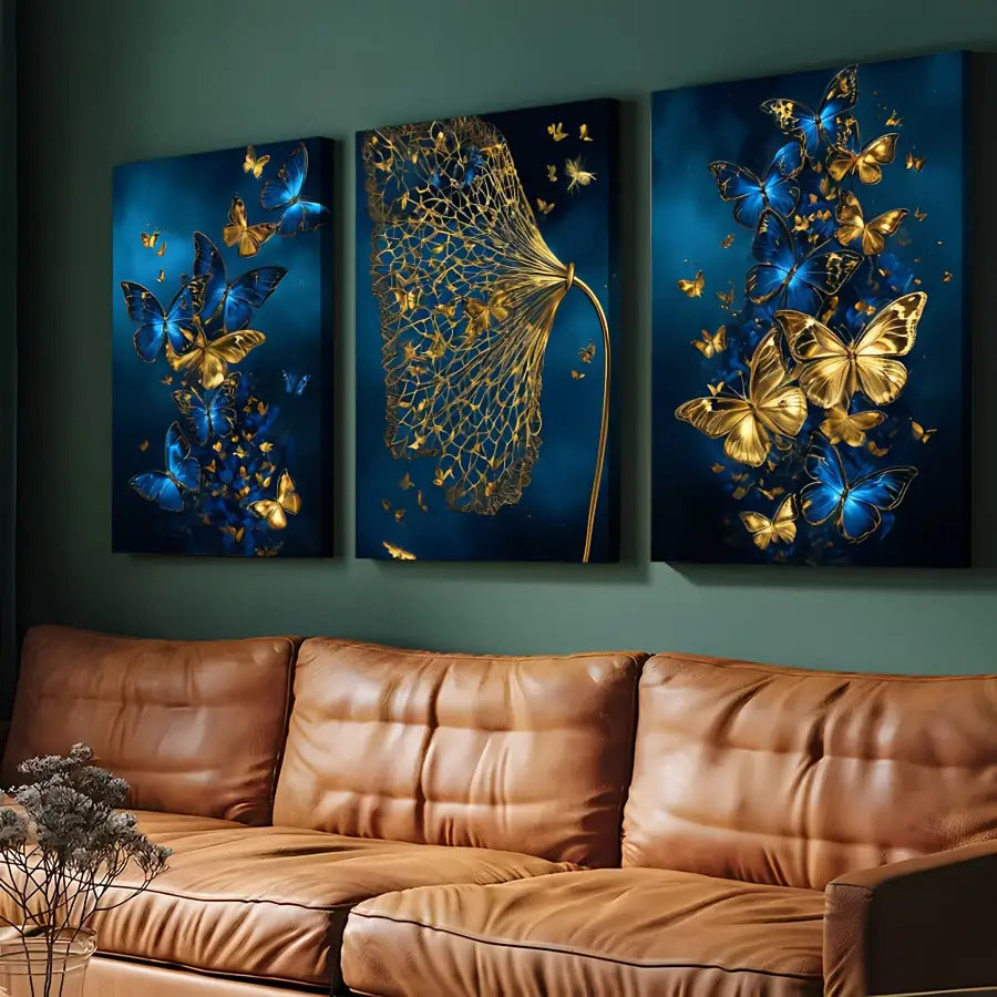 3pcs Navy Blue, Golden & Turquoise Butterfly Canvas Wall Art Set - Modern Abstract Minimalist Wrapped Canvas Paintings with Deep Blue & Golden Hues, Large Wall Decor for Living Room, Bedroom, Bathroom - Indoor Hanging Decorat