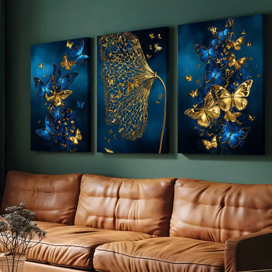 3pcs Navy Blue, Golden & Turquoise Butterfly Canvas Wall Art Set - Modern Abstract Minimalist Wrapped Canvas Paintings with Deep Blue & Golden Hues, Large Wall Decor for Living Room, Bedroom, Bathroom - Indoor Hanging Decorat